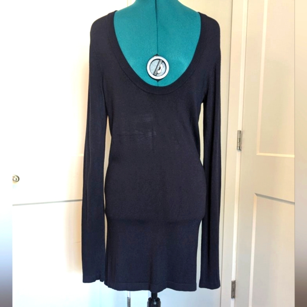 Women's Sweater Dress Medium Fine Knit Navy Blue Long Sleeve Scoop Neck Soft